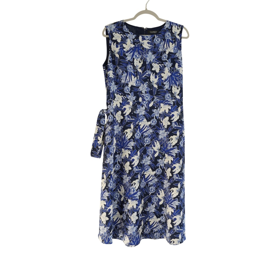 Lauren Ralph Lauren Size 8 Blue Floral Midi Dress Waist Tie Sleeveless Wedding